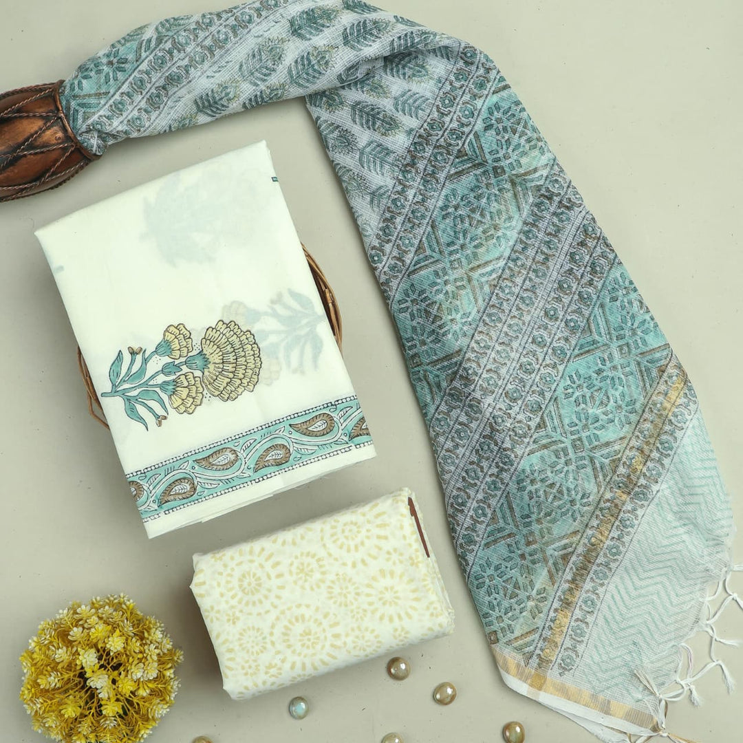 Pure Cotton Hand block print Unstitched Suit with Kota Dupatta .