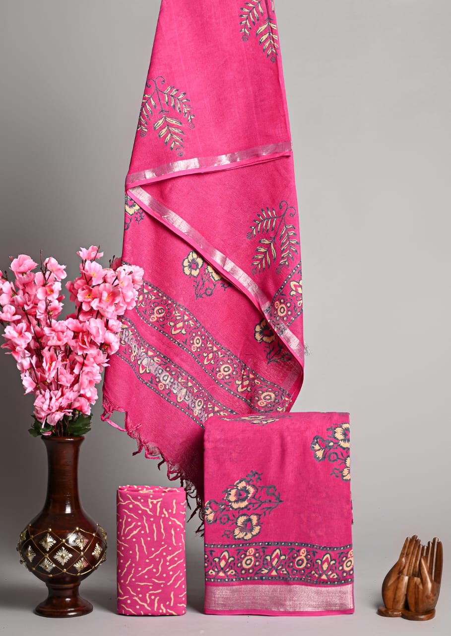 Hand Block Printed Linen Unstitched Suit .