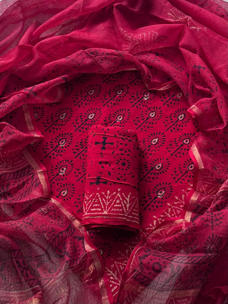 Pure Cotton Hand block print Unstitched Suit with Kota Dupatta
