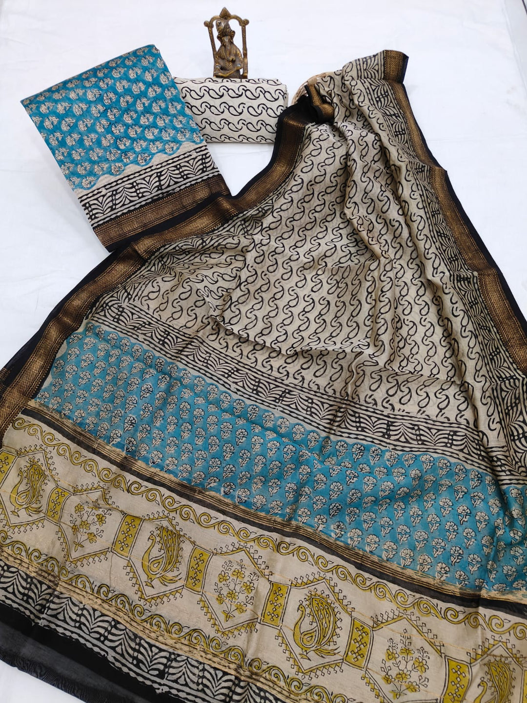 Pure Maheshwari Silk Hand block print Unstitched Suit.