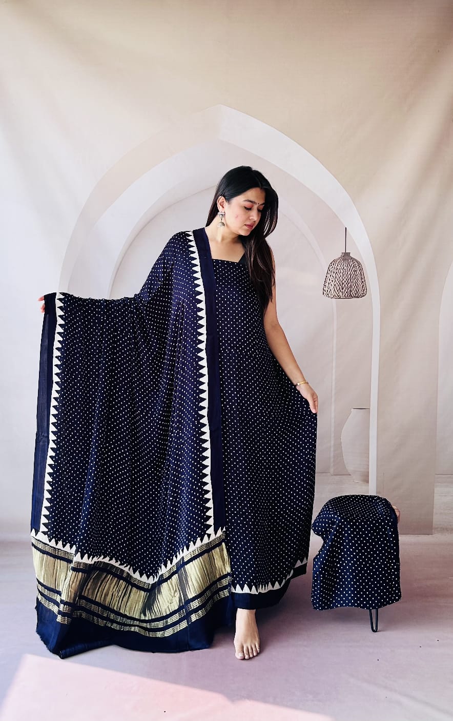 Pure Modal Silk Ajrakh Hand Block Zari Pallu Weaved 3pc Unstitched Suit