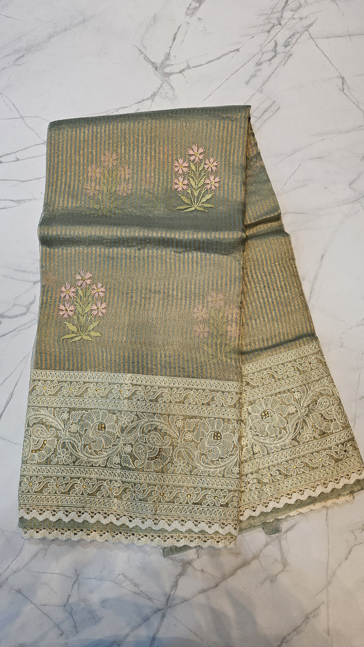Pure Organza Stripes Embroidery Border Work Saree.