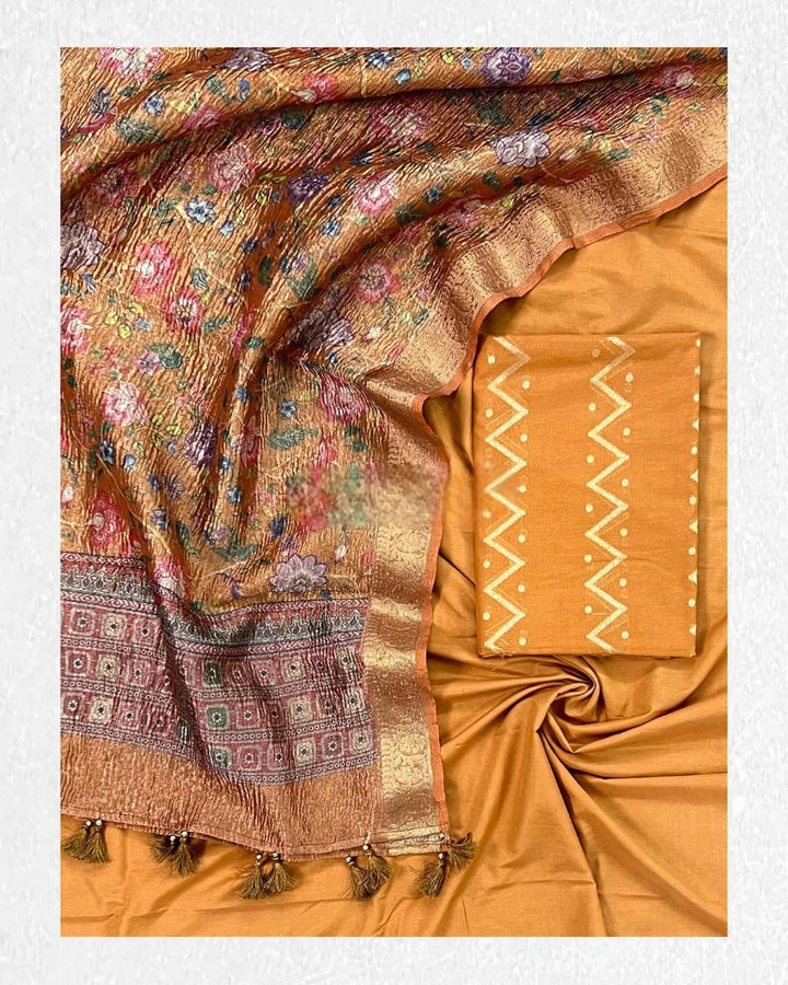 Banarasi Mercerised Silk Zari Weaving Unstitched Suit WIth Tissue Silk Digital print Dupatta.