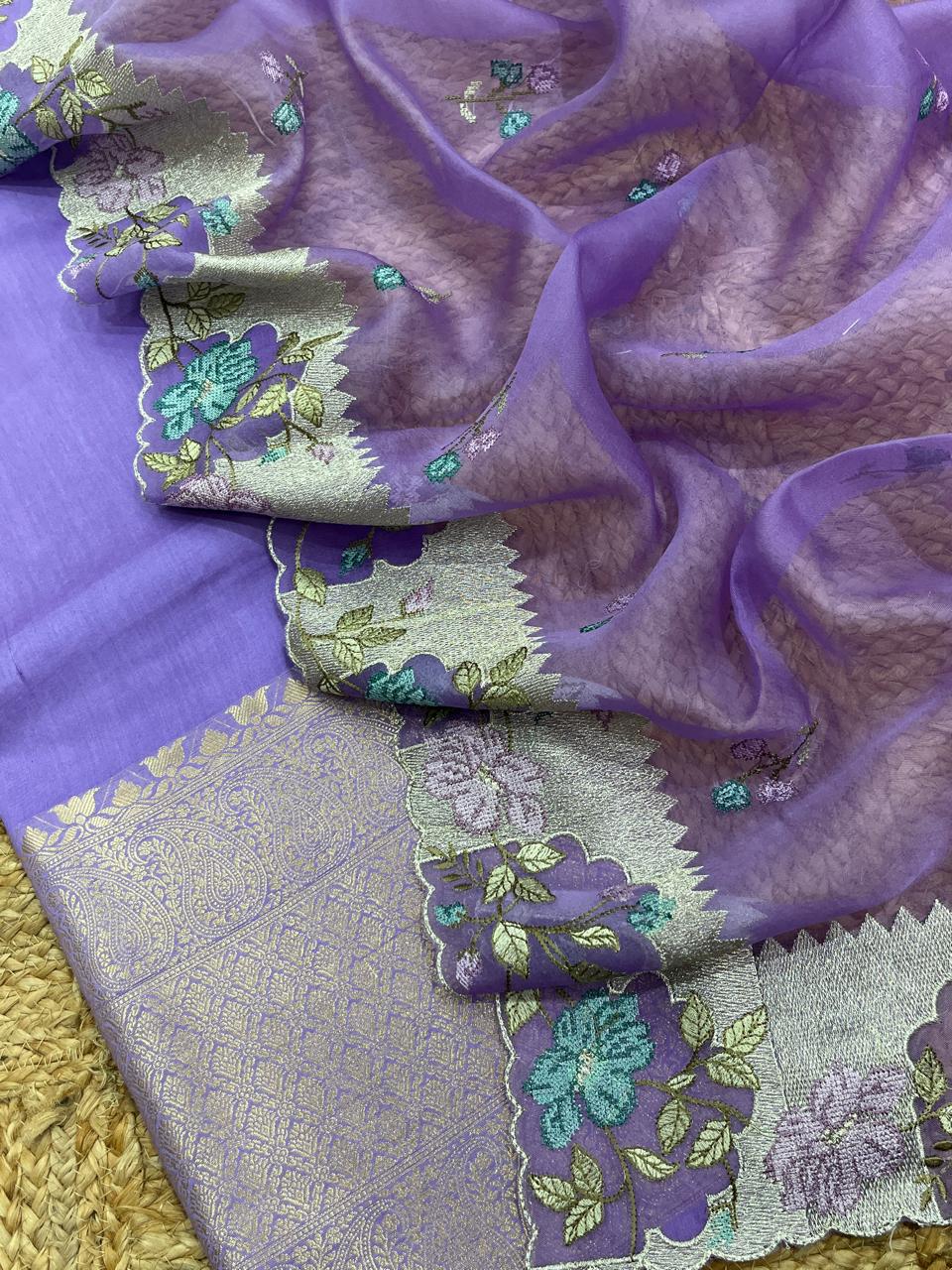 Pure Banarasi Resham Chanderi Silk Unstitched Suit With Organza Dupatta