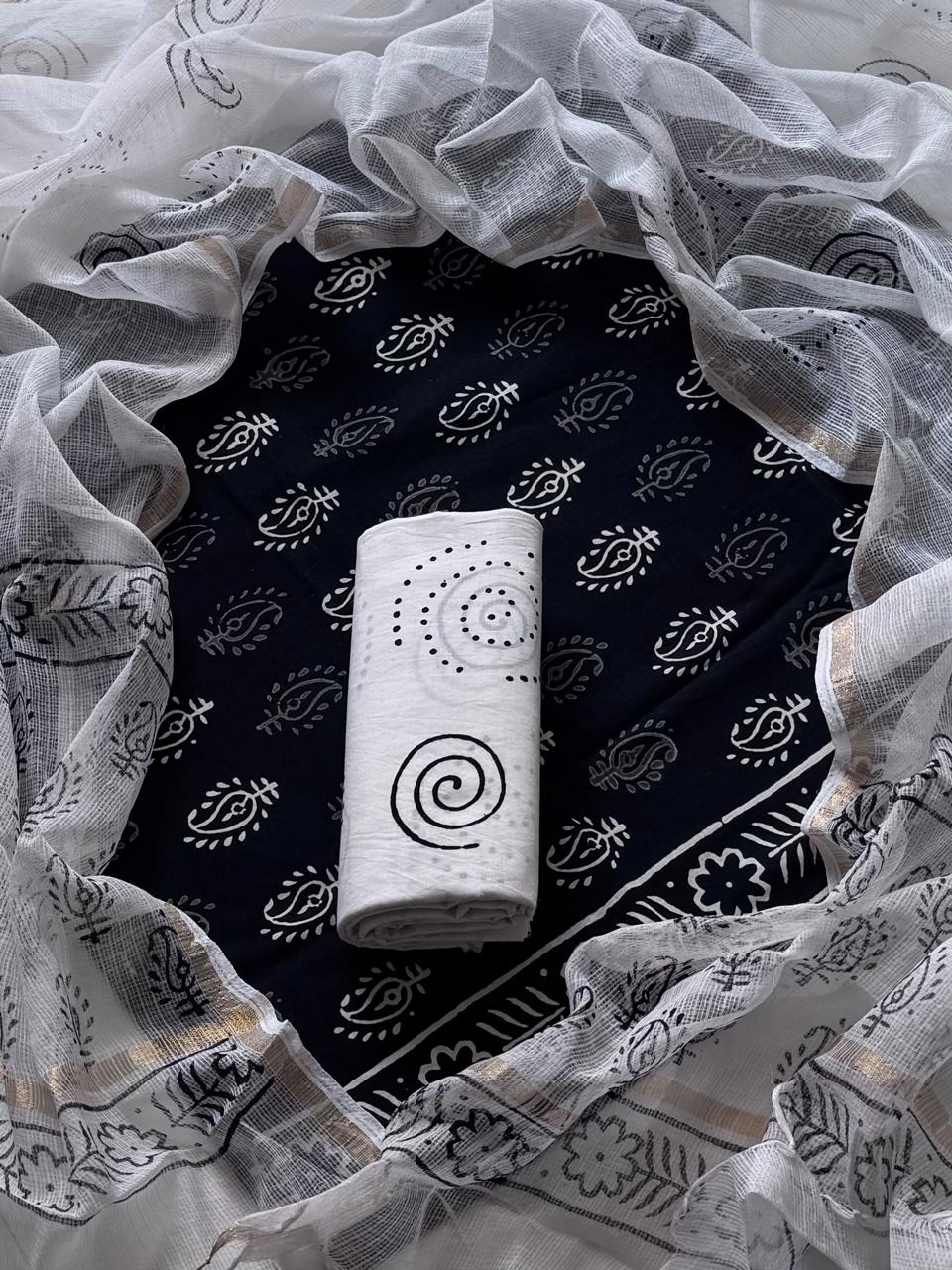 Pure Cotton Hand block print Unstitched Suit with Kota Dupatta