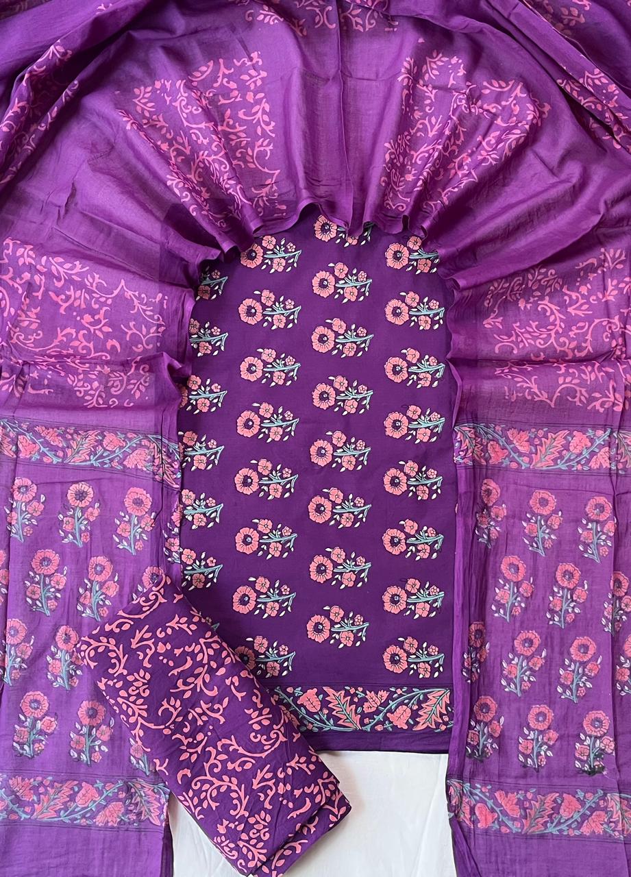 Pure Cotton Hand Block Print Unstitched Suit With Cotton Dupatta