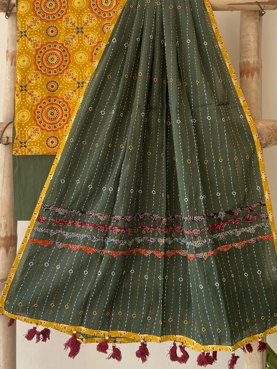 Pure Cotton Azrakh Print Unstitched Suit With Kantha work Dupatta ...