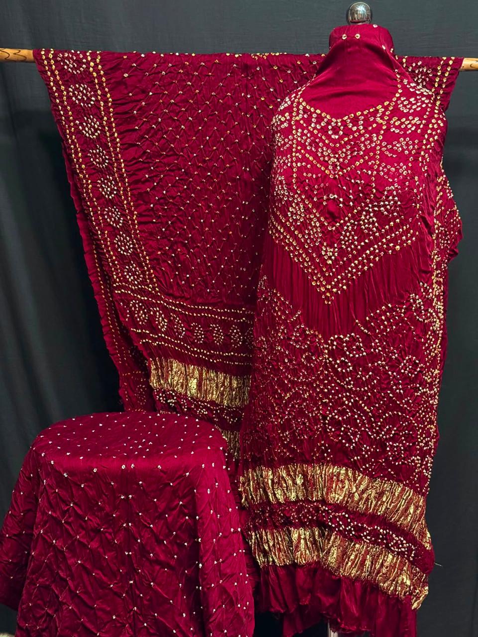 Premium Pure Modal Silk Rayi Bandhej 3-Piece Suit with Heavy Tissue Pallu Dupatta