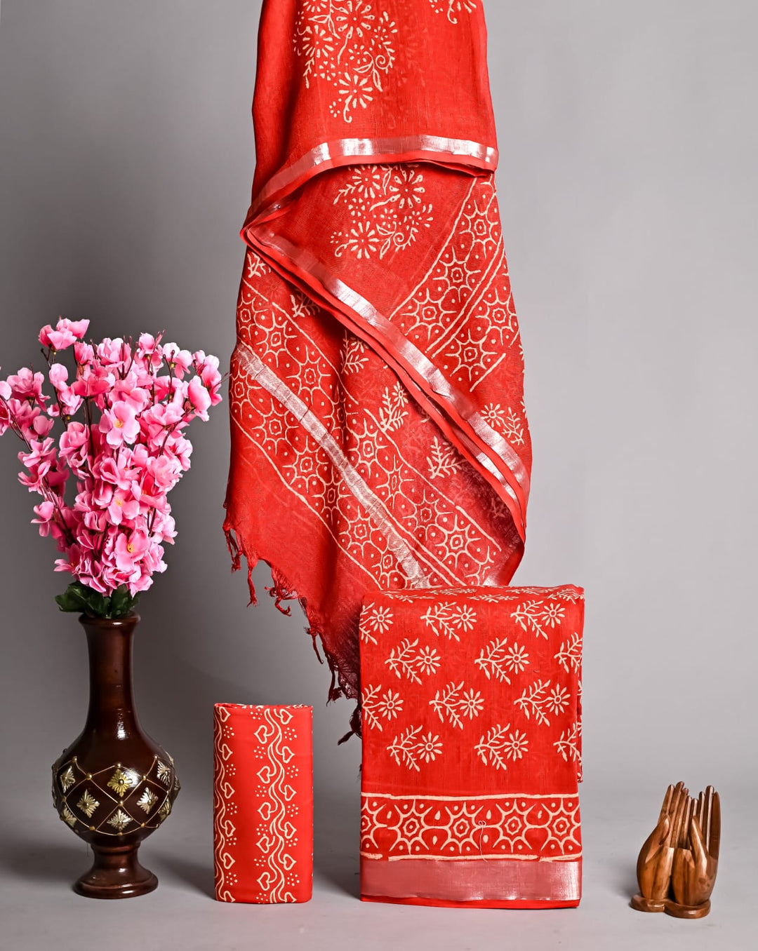 Hand Block Printed Linen Unstitched Suit .