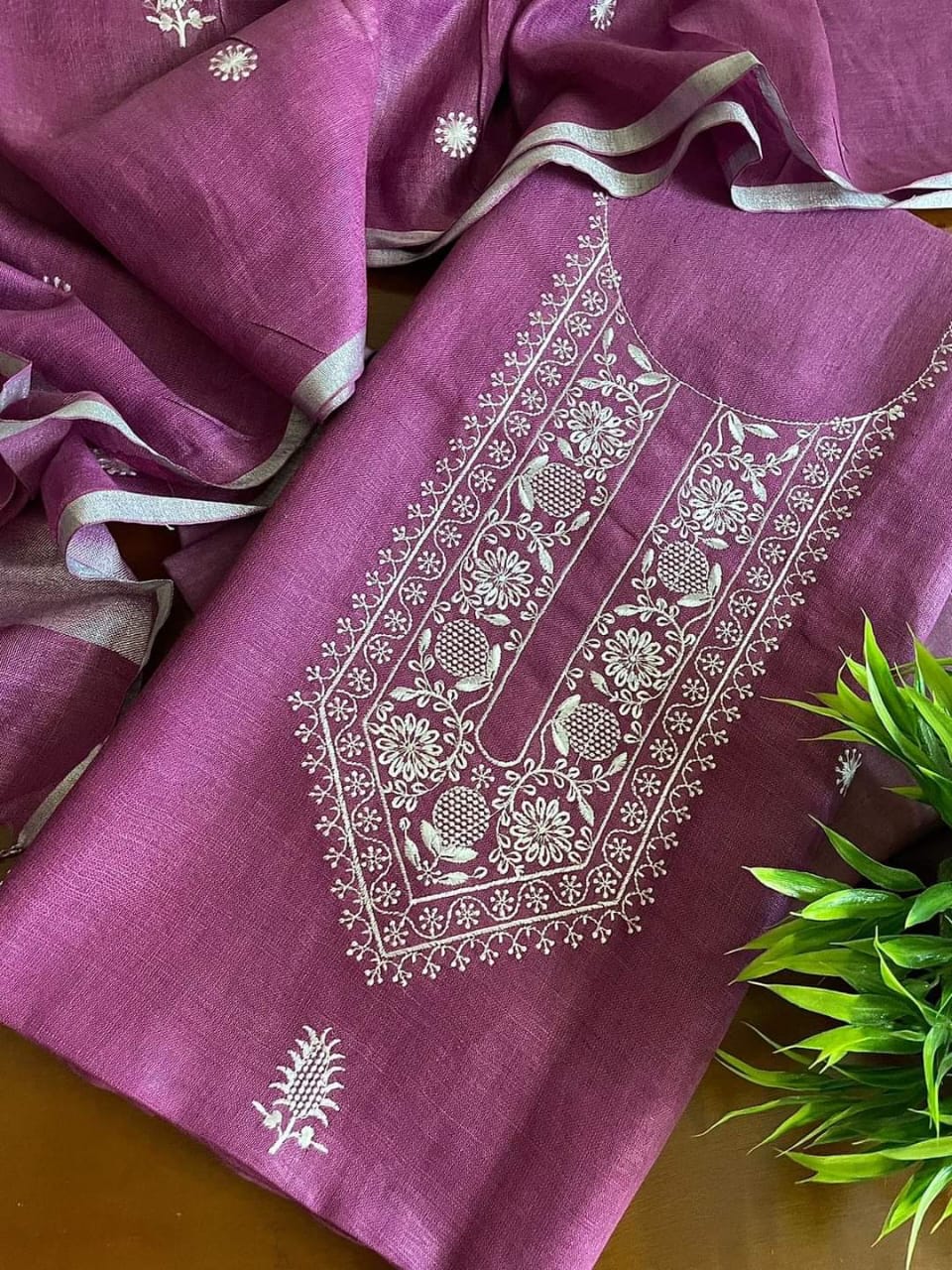 Bhagalpuri Cotton Linen Embroidery Unstitched suit.