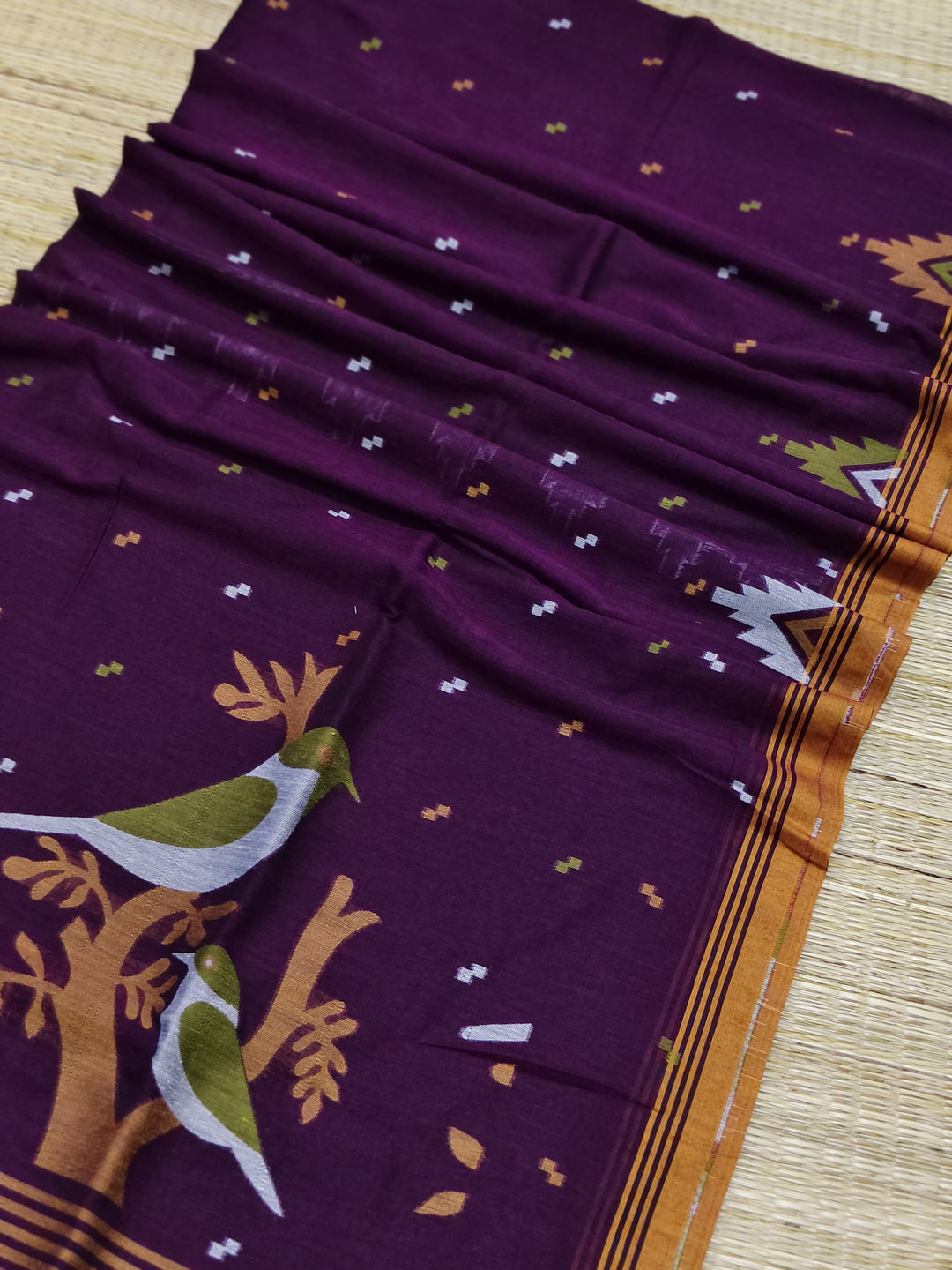 Pure Cotton Handloom Jamdani Bird Motif Saree With Blouse