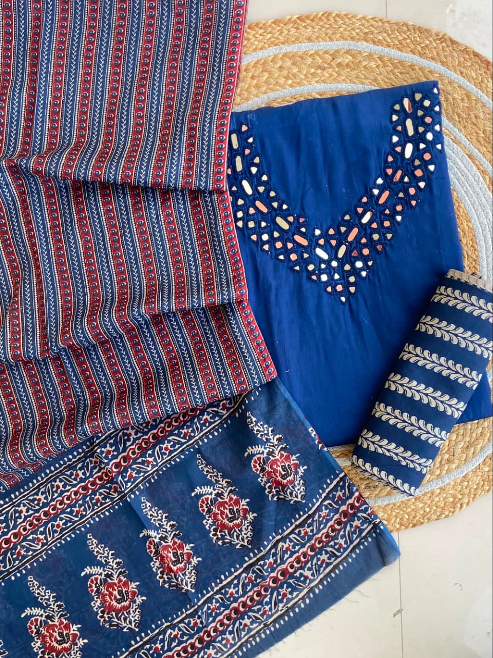 Pure Cotton Azrakh Print Unstitched Suit With heavy mirror work