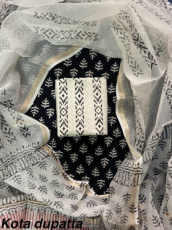 Pure Cotton Hand block print Unstitched Suit with Kota Dupatta .