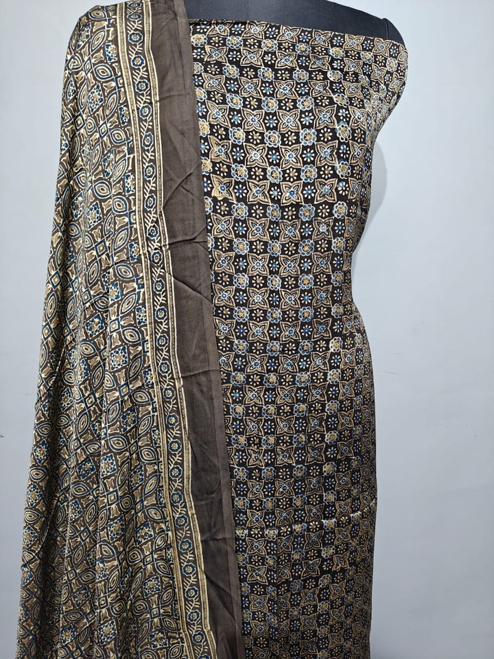 Pure Modal Silk Ajrakh Hend Block Zari Pallu Weaved 2pc Unstitched Suit