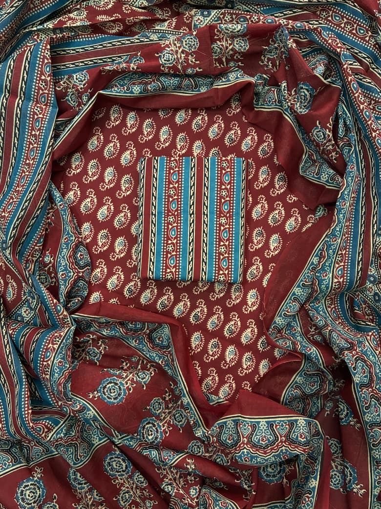 Pure Cotton Hand Block Print Unstitched Suit With Cotton Dupatta