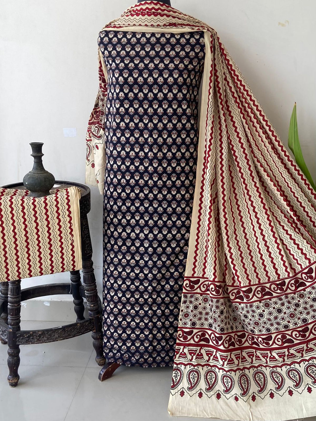 Pure Cotton Azrakh Print Unstitched Suit With  cotton Duppatta