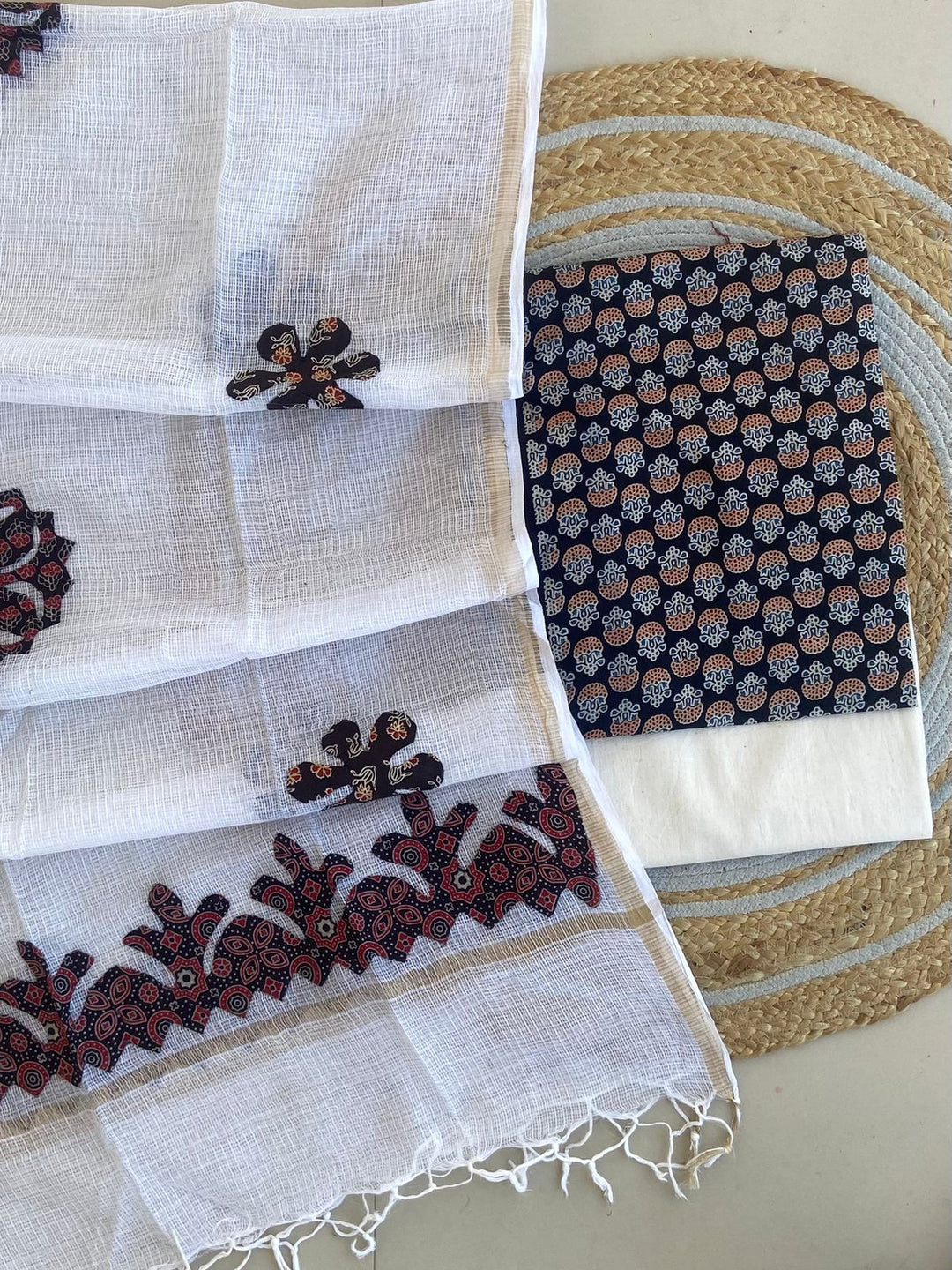 Azrakh Printed Top With Kota Doriya With Hand  Applique Work Dupatta