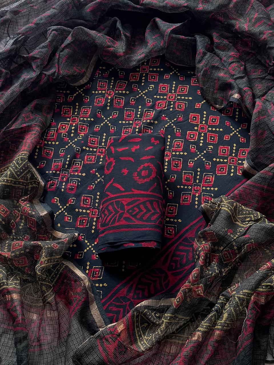 Pure Cotton Hand block print Unstitched Suit with Kota Dupatta