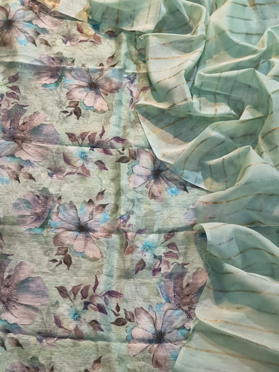 Pure Linen Silk Digital Printed Unstitched Suit  with Mulmul Silk Rupa Sona Striped Dupatta