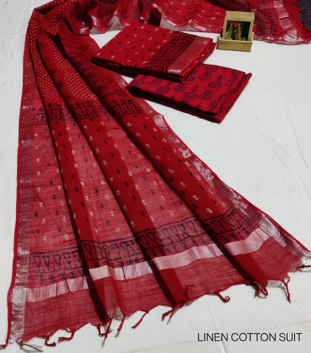 Hand Block Printed Linen Unstitched Suit .