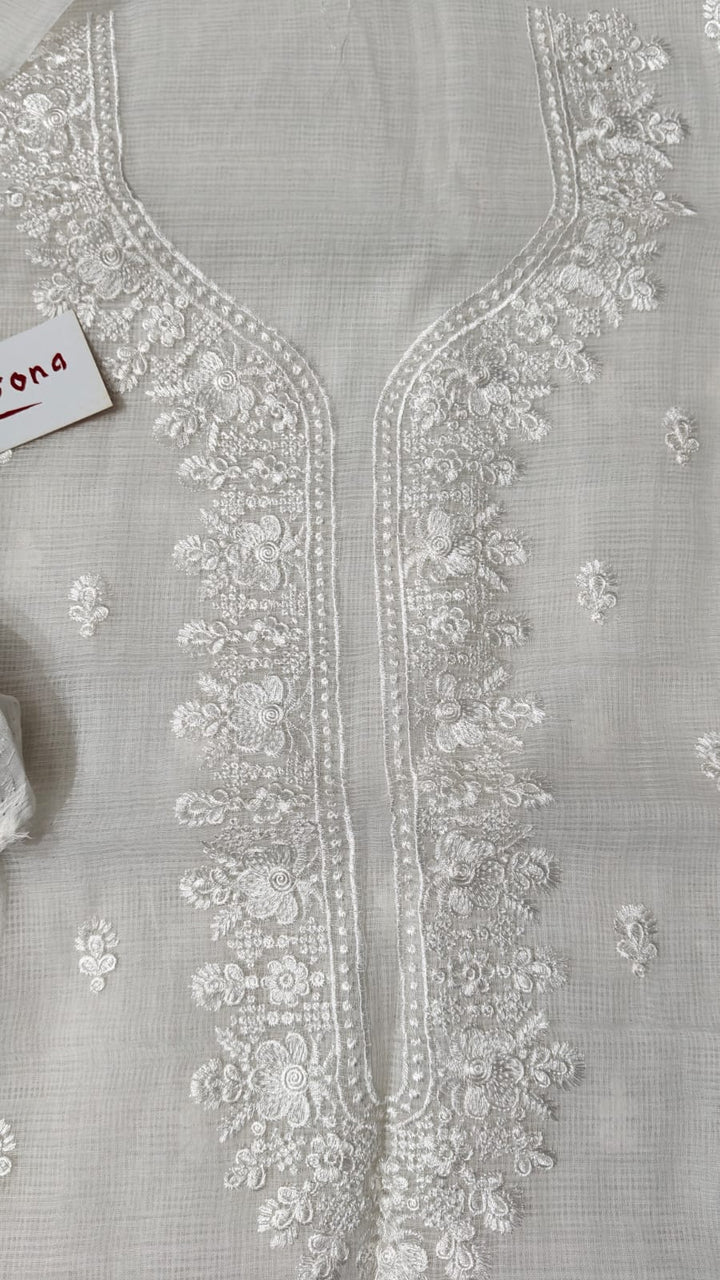 Pure Kota Doriya Embroidery Work Unstitched Suits With Kota Doriya Dupatta & Chikankari Bottom .