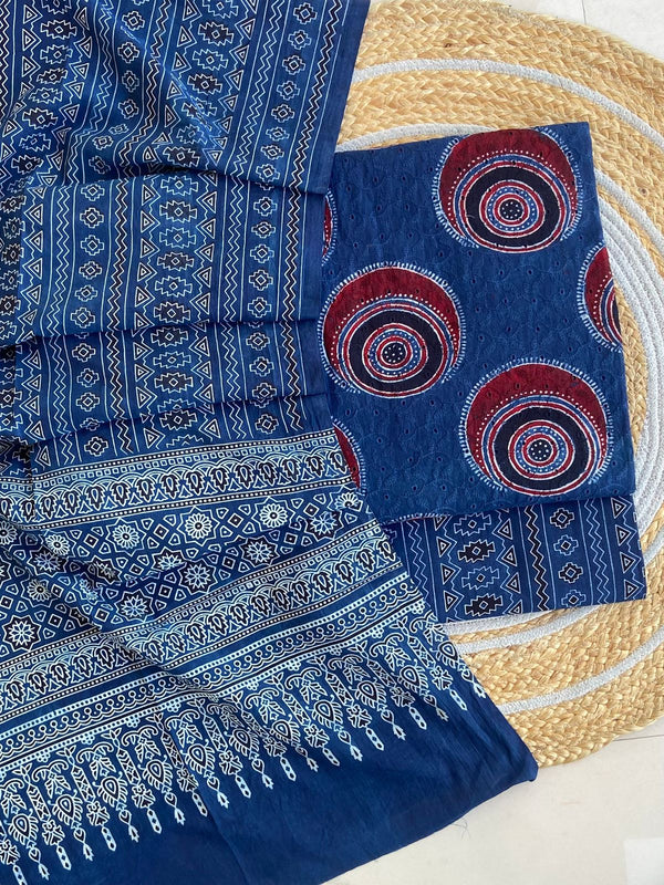 Pure Cotton Azrakh Print Unstitched Suit With  Mul cotton Duppatta