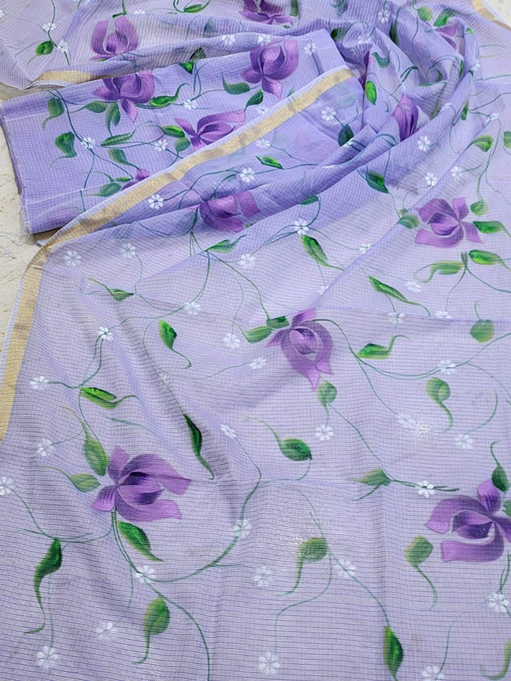 Pure Kota Doria Hand Brush Print Work Unstitched Suit with Dupatta (WithOut Bottom)