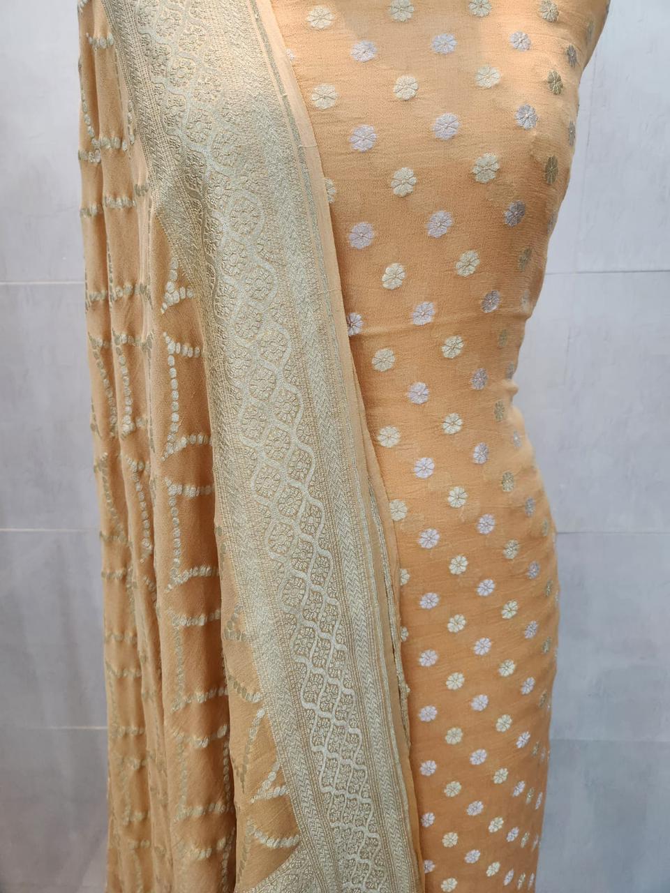 Pure Khaddi Georgette Zari Work Unstitched Suit With Khaddi Georgette Dupatta.