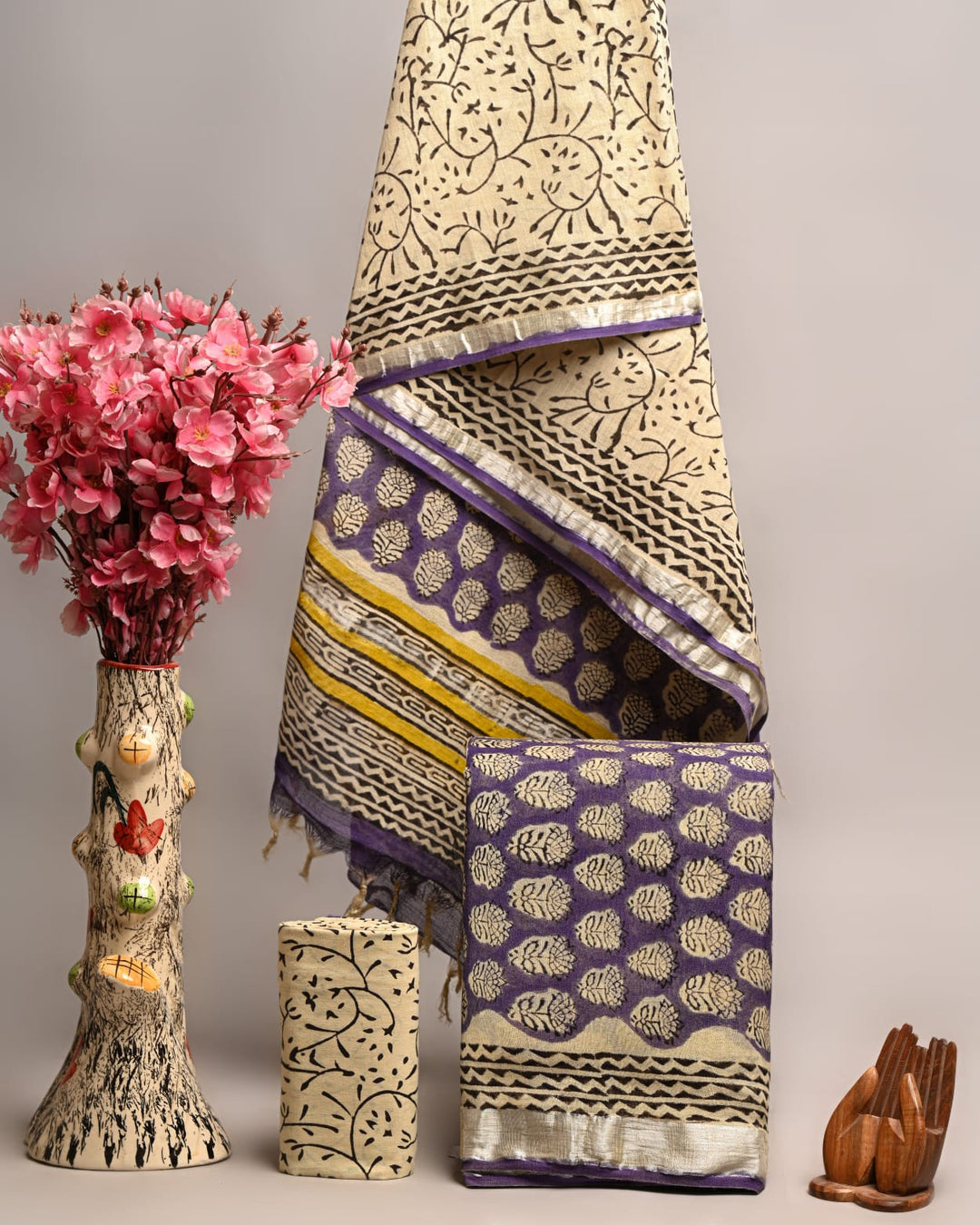 Hand Block Printed Linen Unstitched Suit .
