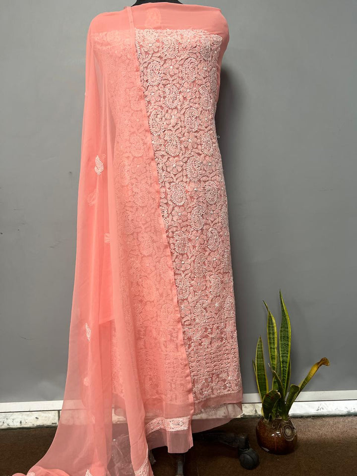 Pure Chiffon Georgette Chikankari Hand Embroidery Unstitched Suit