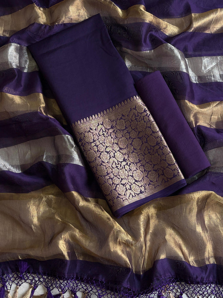 Pure Banarasi Chanderi Zari Work Unstitched Suit With Chanderi Silk Tissue Stripe Dupatta.