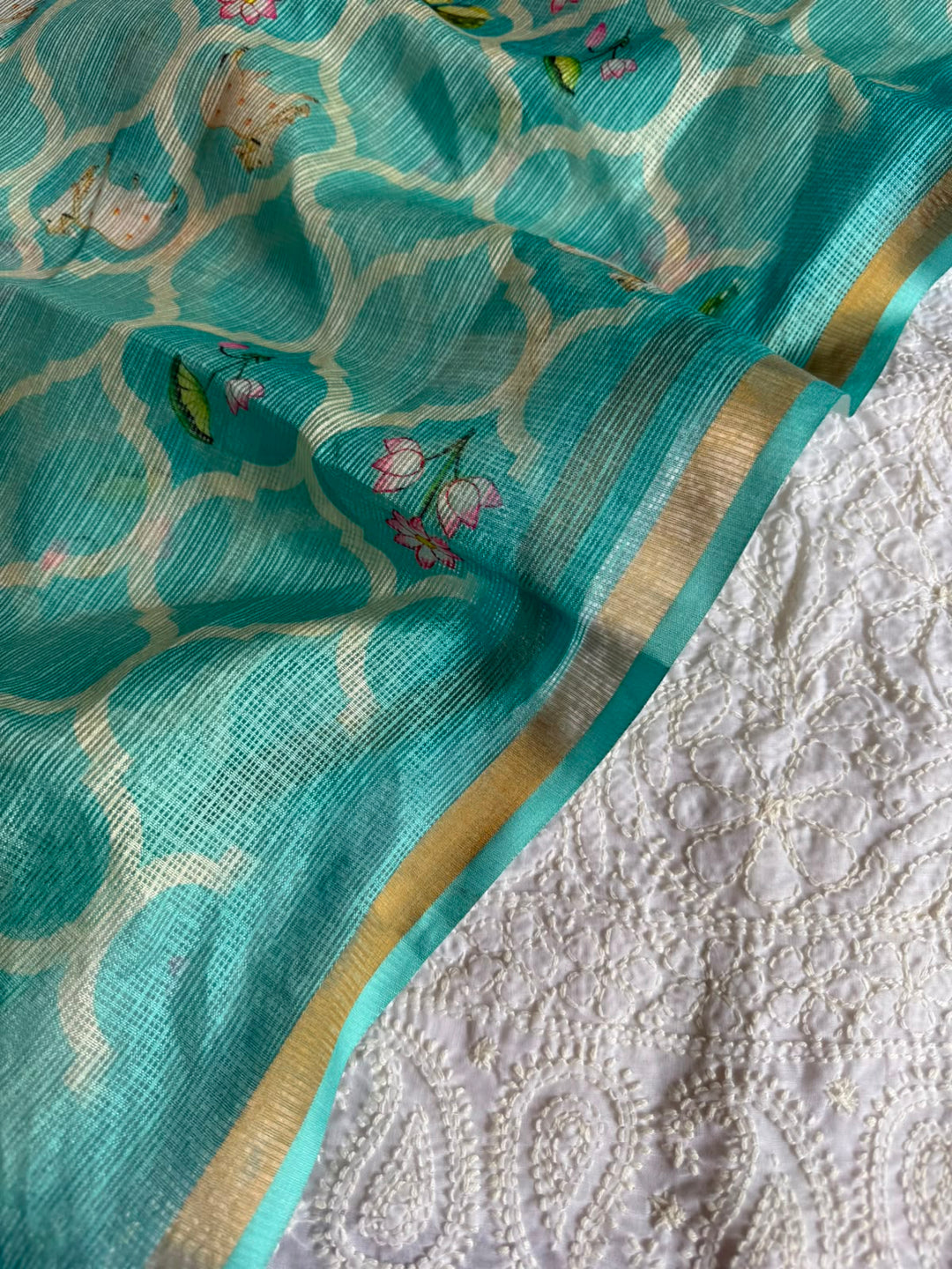 Pure Cotton Chikankari Hand Work Unstitched suit With Kalmkari Kota Doriya Dupatta.(without bottom)