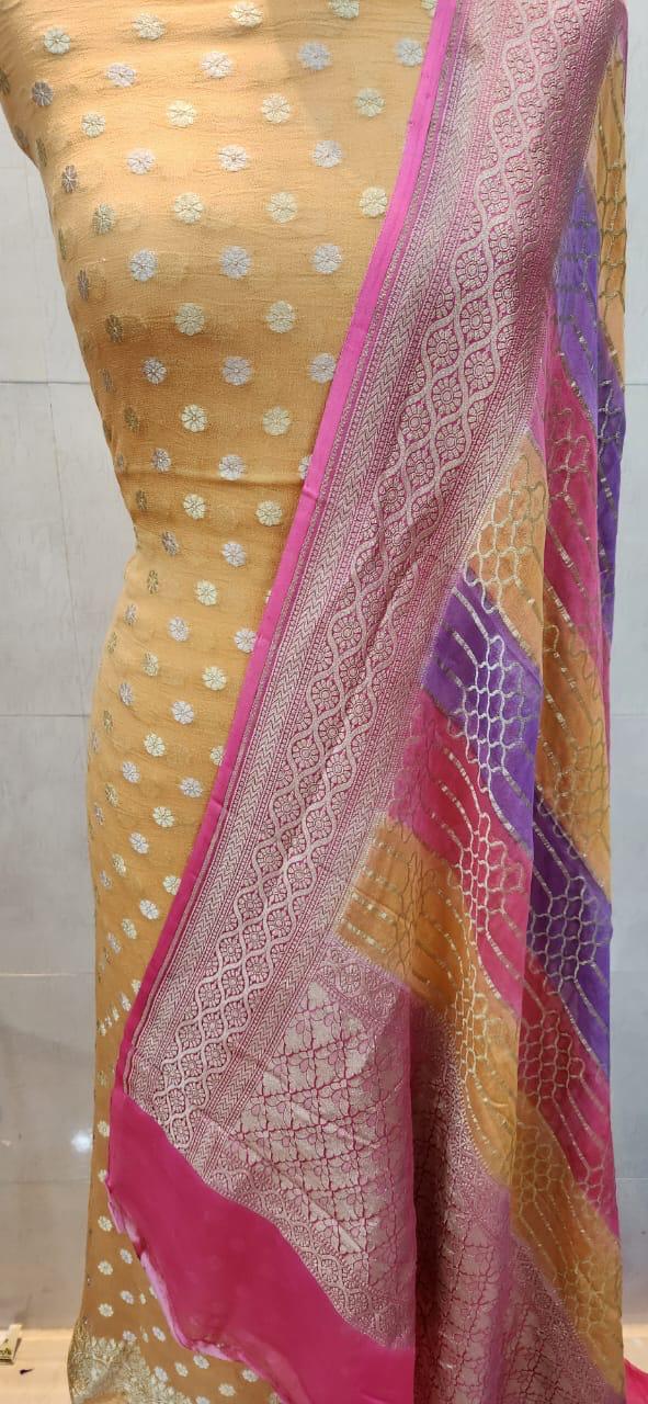 Pure Khaddi Georgette Zari Work Unstitched Suit With Khaddi Georgette Dupatta.