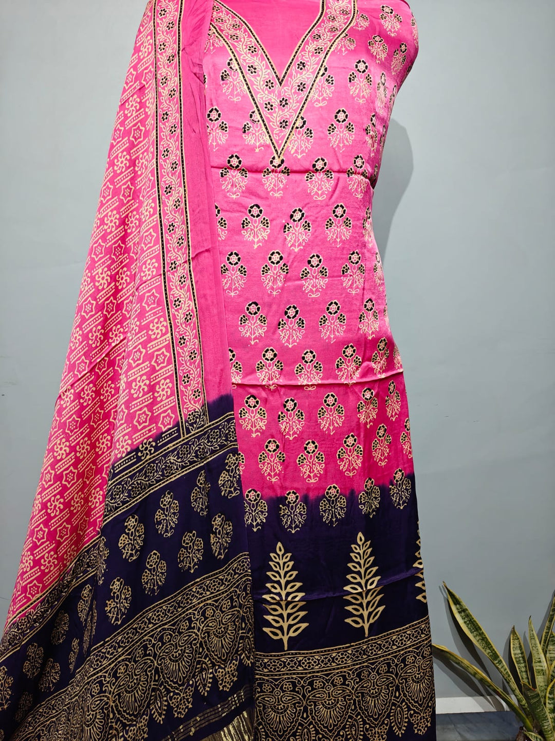 Pure Modal Silk Ajrakh Hend Block Zari Pallu Weaved 3pc Unstitched Suit