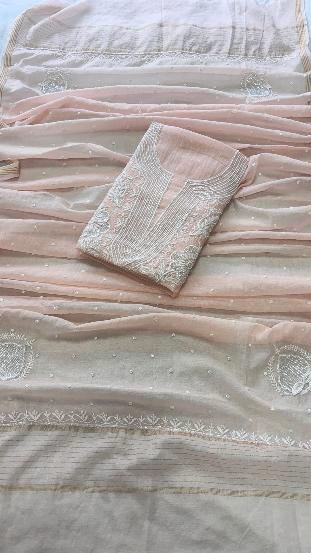 Pure Mul- Mul Chakiankari Work Unstitched Suit with Pearl and Cutdana work