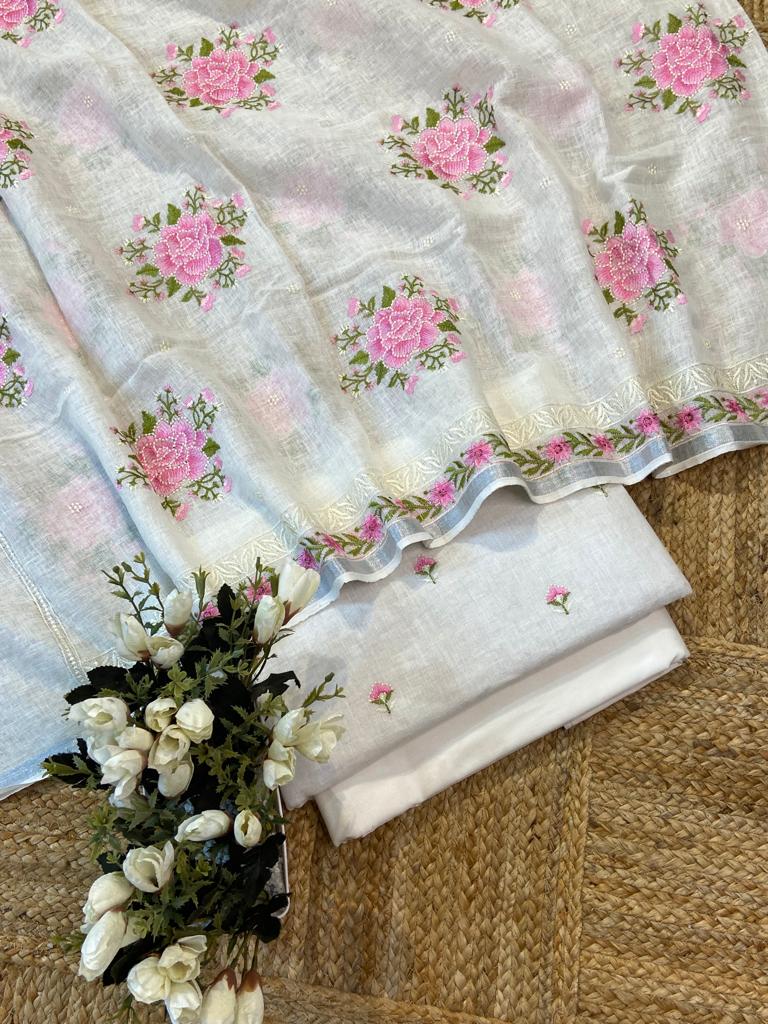 Pure Banarasi Linen Silk Embroidery Unstitched Suit Banarasi Linen Silk Embroidery Dupatta.