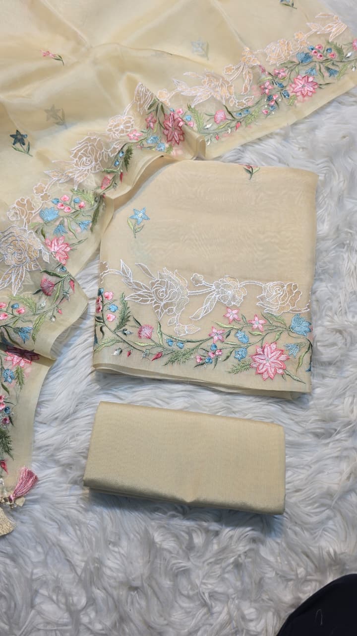 Pure Banarasi Organza Silk Applique Work Unstitched Suit.