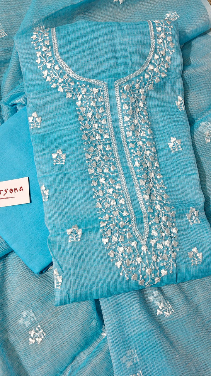 Pure Cotton Kota Doriya Embroidery Unstitched Suit With Dupatta