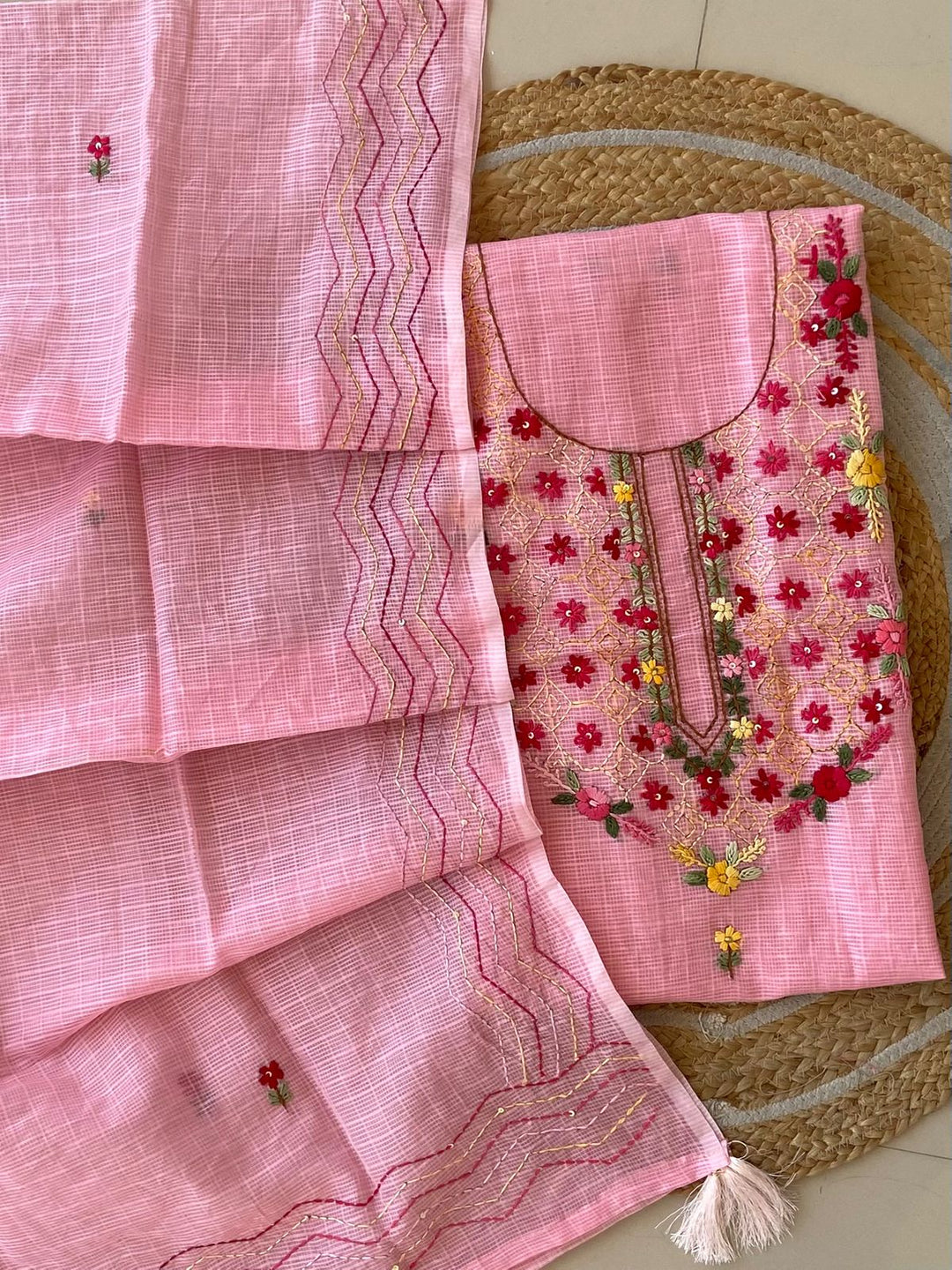 Pure Kota Doriya Silk Kurta And Dupatta With Neck Hand Work Emobroidery Unstitched Suit