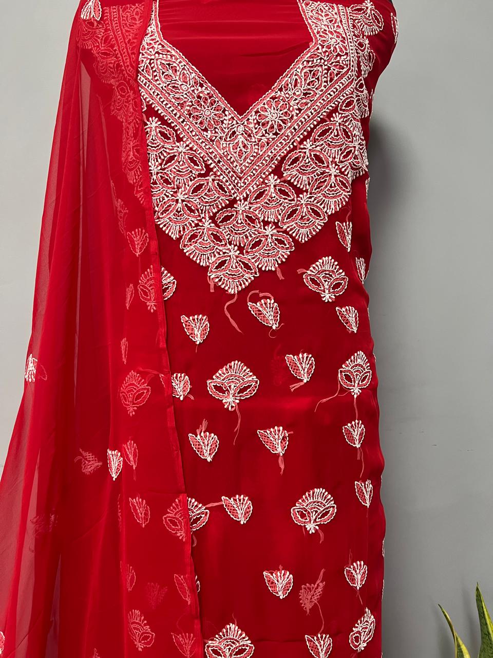 Pure Chiffon Georgette Chikankari Hand Embroidery Unstitched Suit