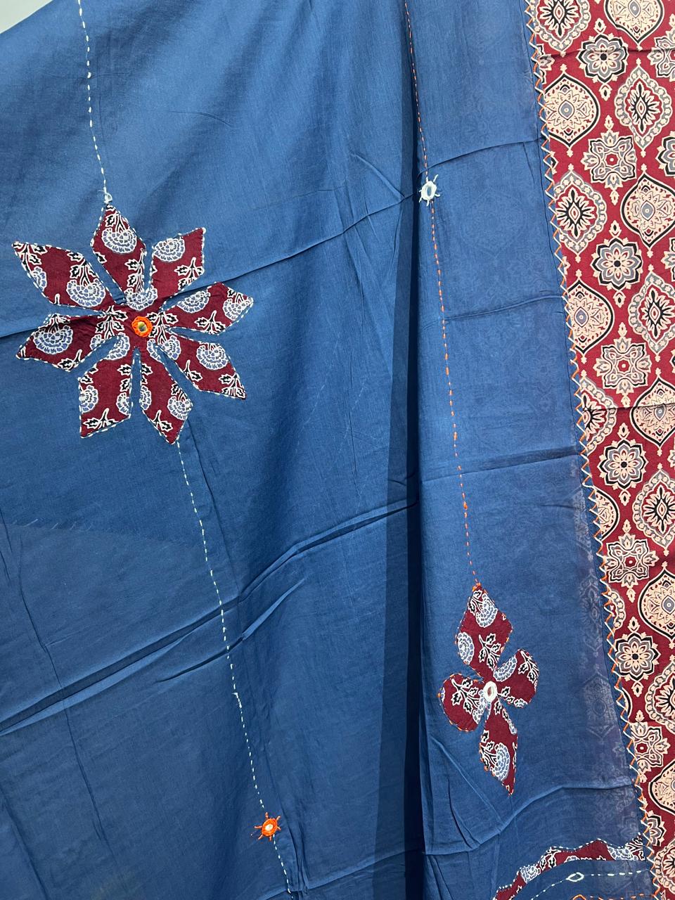 Pure Cotton Azrakh Print Unstitched suit With katha work Dupatta