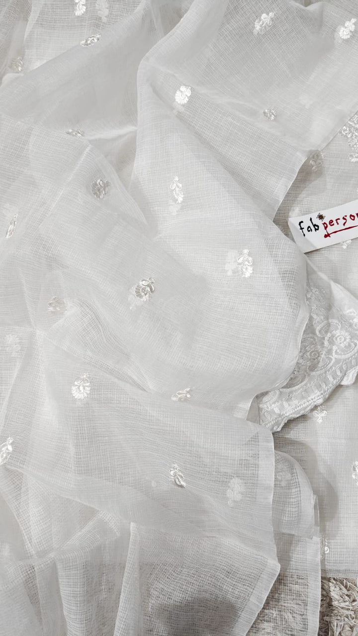 Pure Kota Doriya Embroidery Work Unstitched Suits With Kota Doriya Dupatta & Chikankari Bottom .