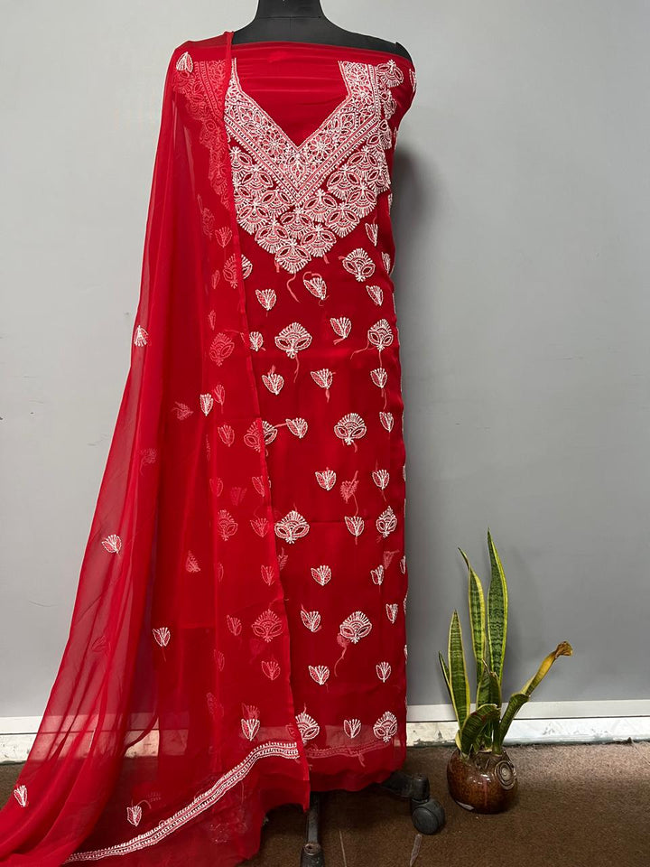 Pure Chiffon Georgette Chikankari Hand Embroidery Unstitched Suit