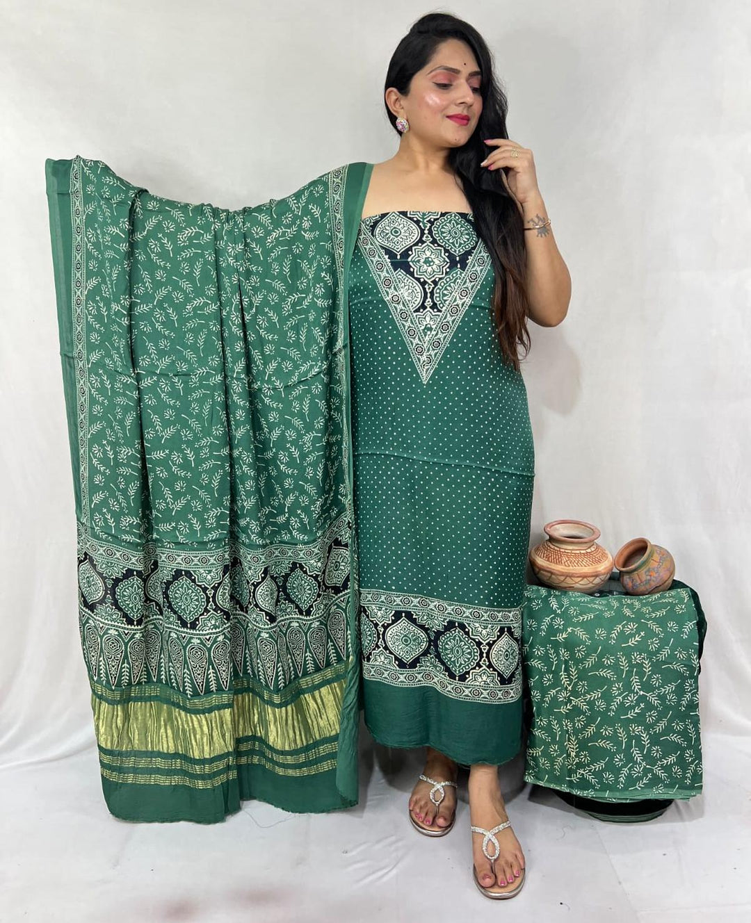 Pure Modal Silk Ajrakh Hand Block Zari Pallu Weaved 3pc Unstitched Suit