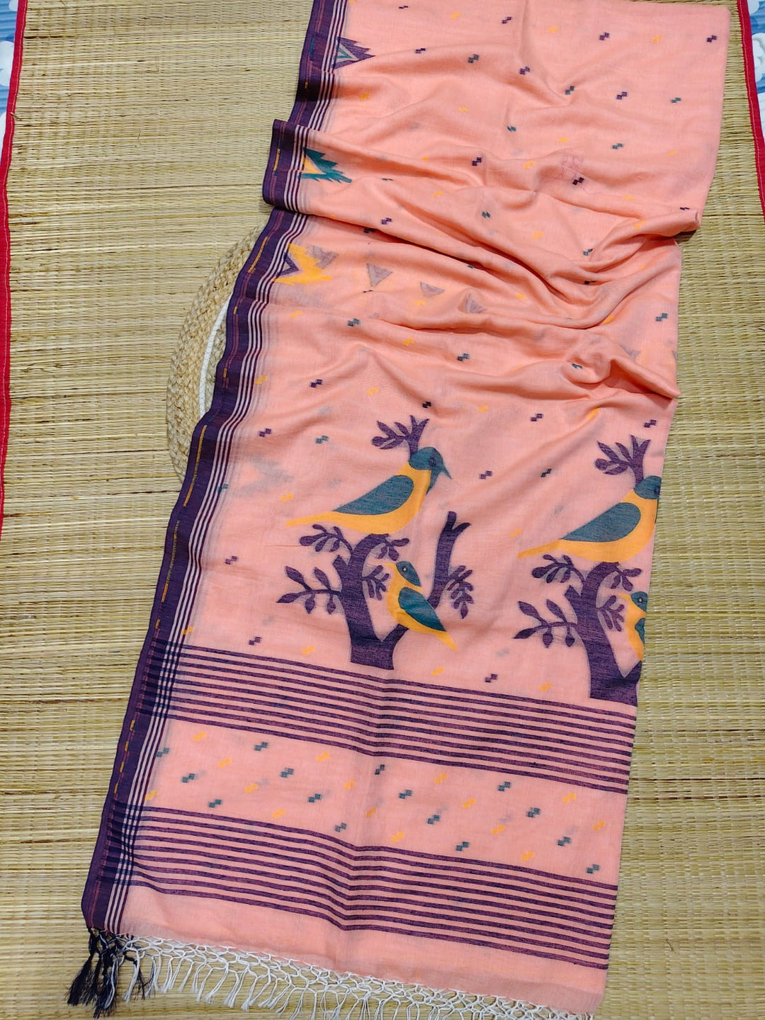 Pure Cotton Handloom Jamdani Bird Motif Saree With Blouse