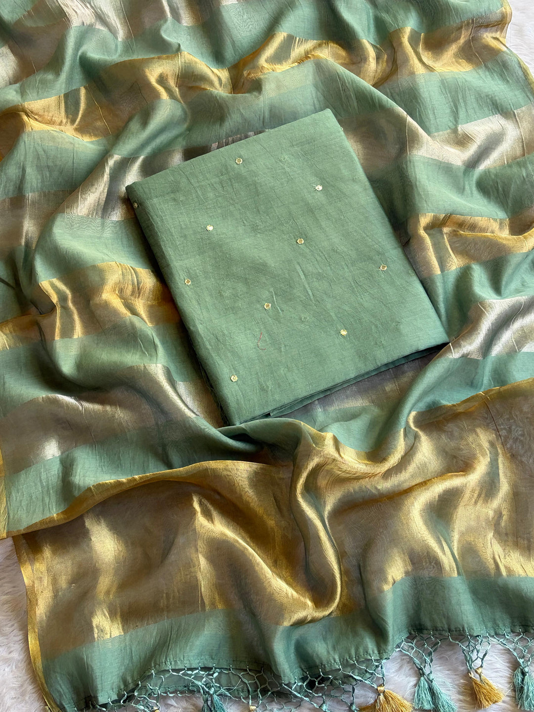 Pure Banarasi Mul Chanderi Silk Mirror Work Unstitched Suit With Tissue Stripe Dupatta.