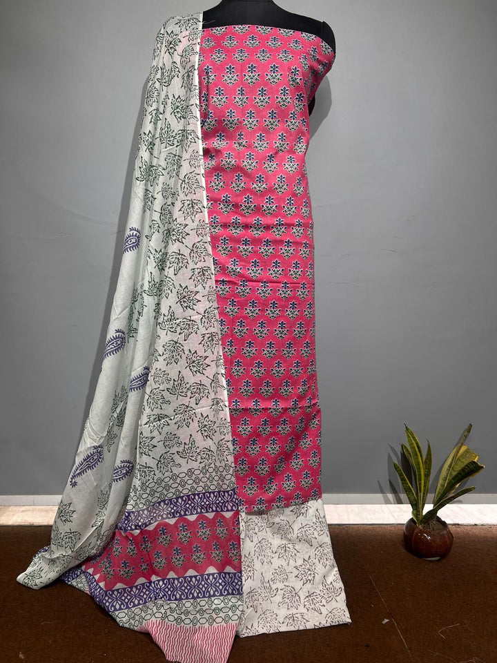 Pure Cotton Hand Block Print Unstitched Suit With Cotton Dupatta