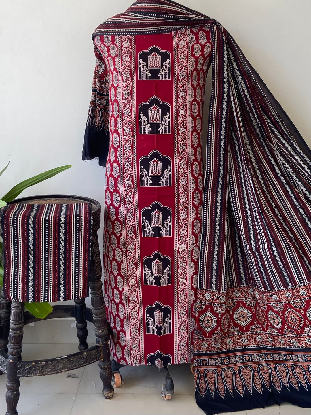 Pure Cotton Azrakh Print Unstitched Suit With  cotton Duppatta