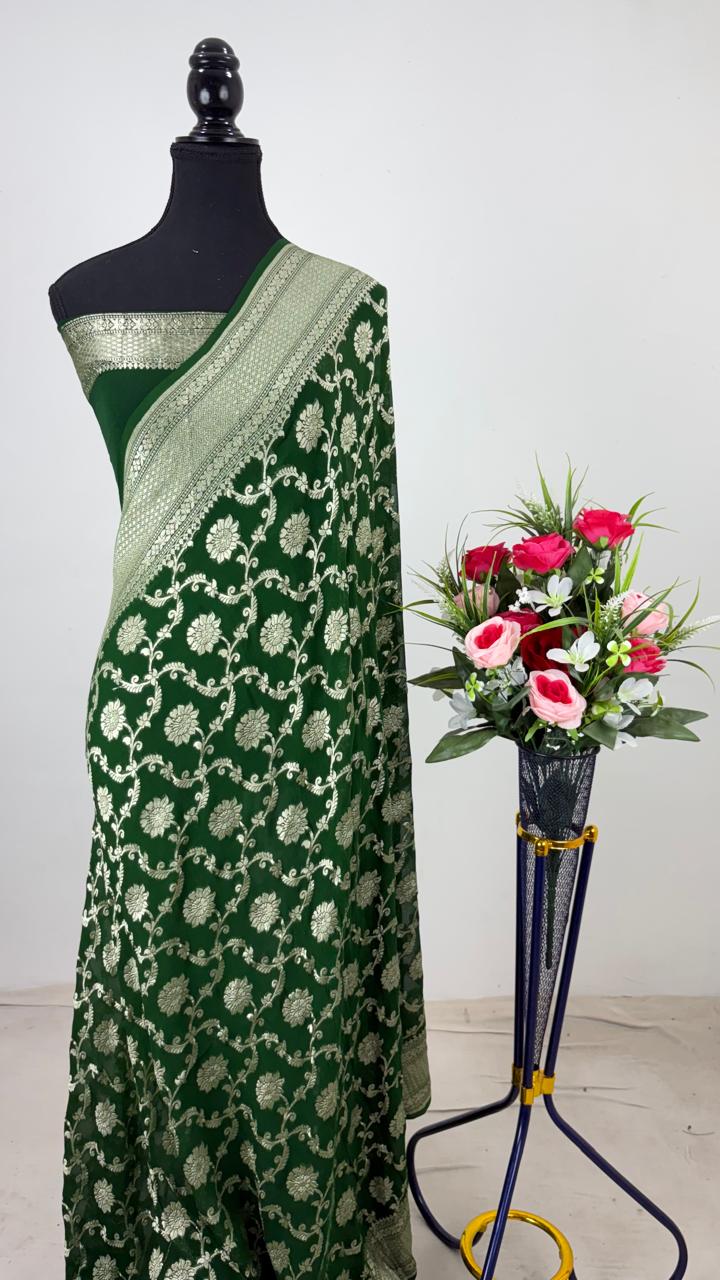 Pure Banarasi Handloom Khaddi Georgette Silk Water Zari Work Saree. | NEW EDITION