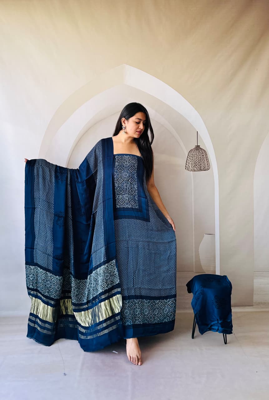 Pure Modal Silk Ajrakh Hand Block Zari Pallu Weaved 3pc Unstitched Suit